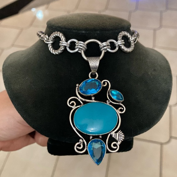 Blue topaz & blue agate turquoise color gemstone maille handmade boho necklace - Picture 1 of 15